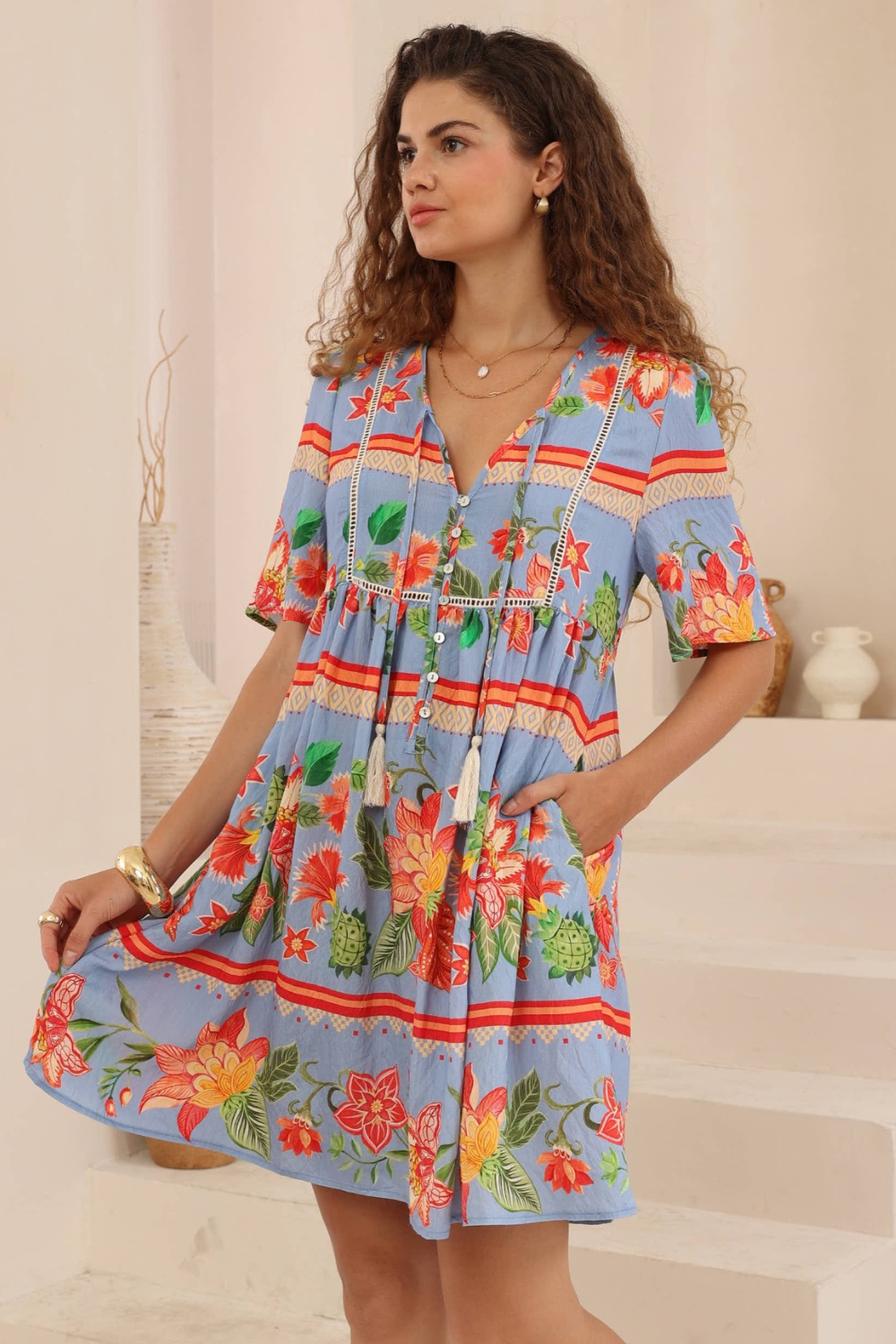 Nyra Baby Doll Mini Dress - Blue Floral