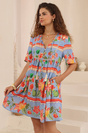 Nyra Baby Doll Mini Dress - Blue Floral