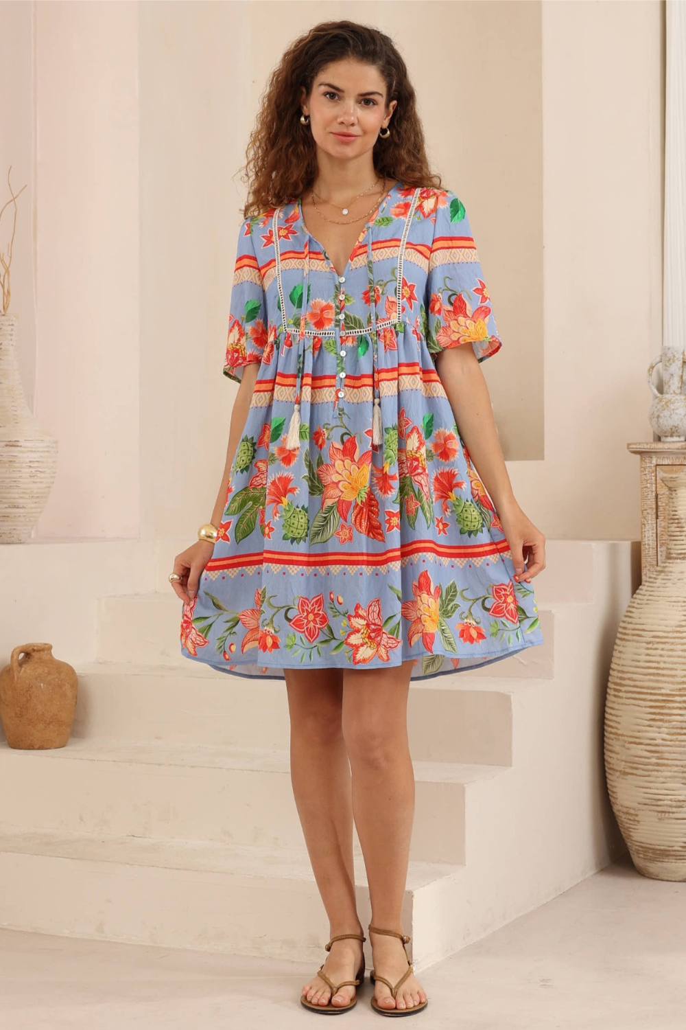 Nyra Baby Doll Mini Dress - Blue Floral