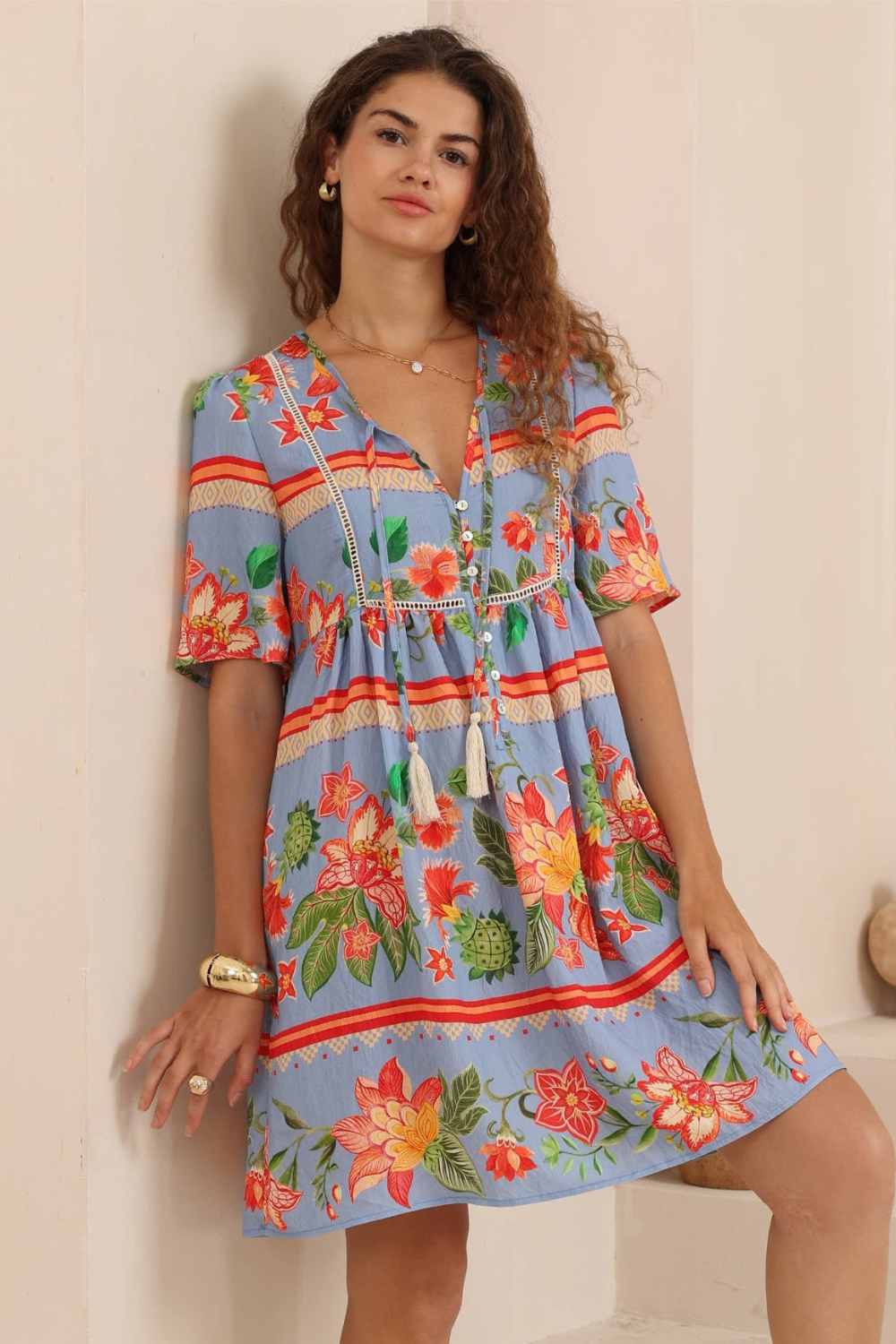 Nyra Baby Doll Mini Dress - Blue Floral