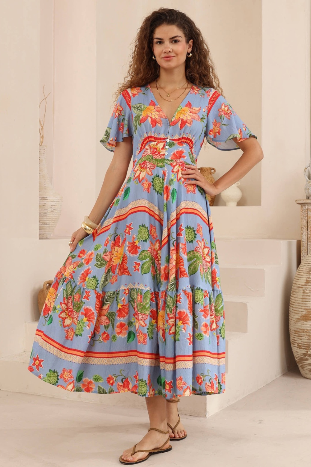 Nyra V-Neck Midi Dress - Blue Floral