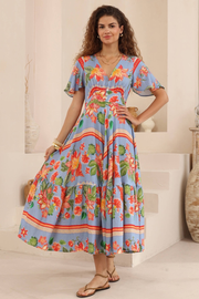 Nyra V-Neck Midi Dress - Blue Floral
