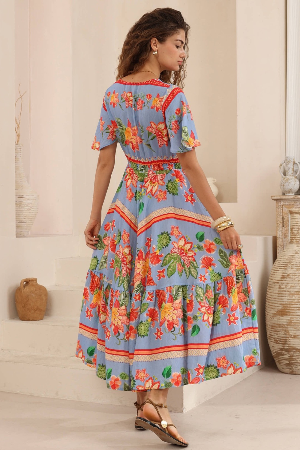 Nyra V-Neck Midi Dress - Blue Floral