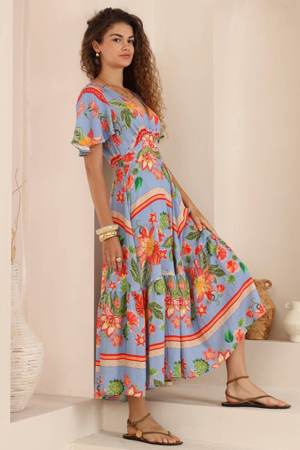 Nyra V-Neck Midi Dress - Blue Floral