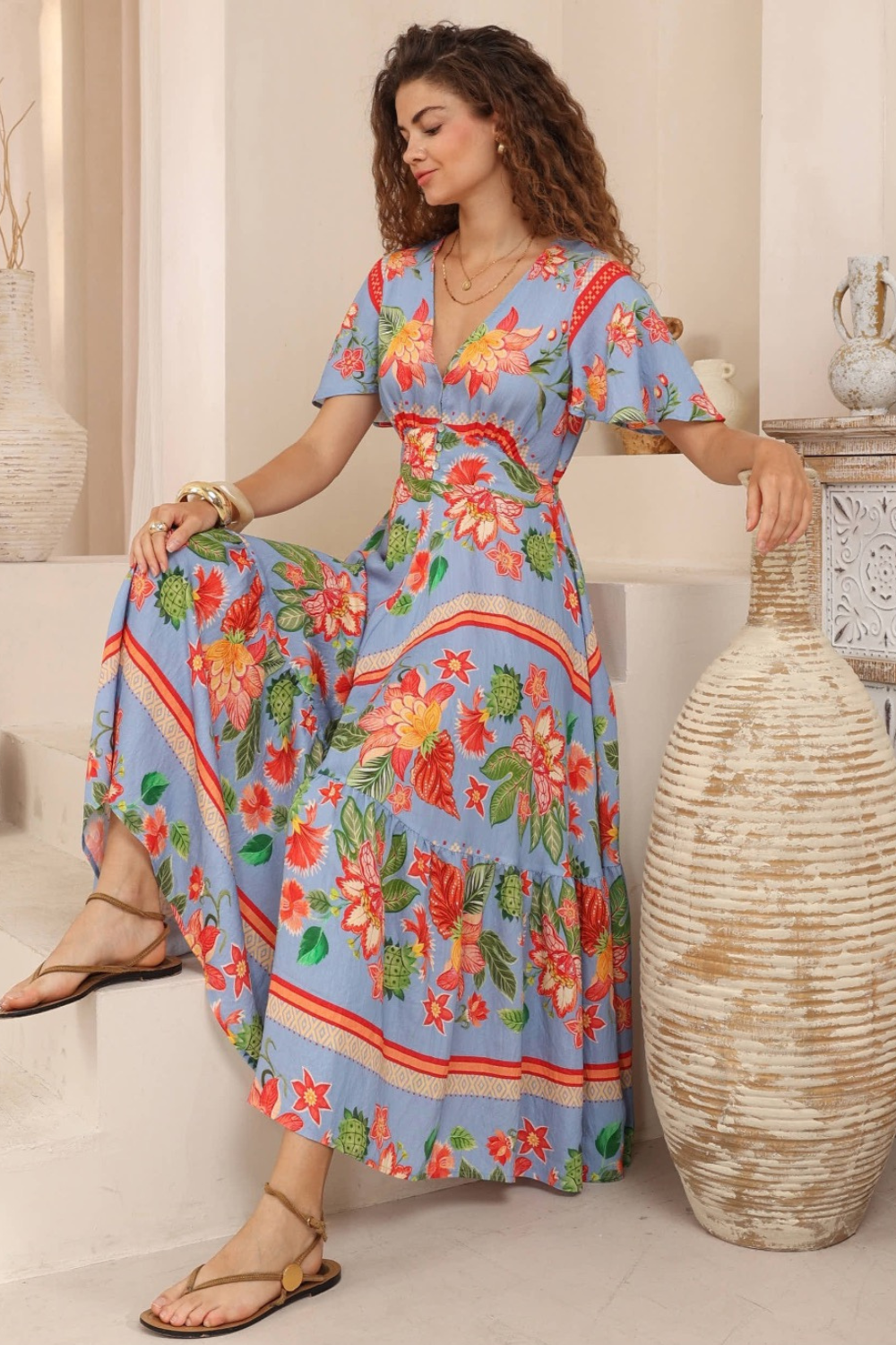 Nyra V-Neck Midi Dress - Blue Floral