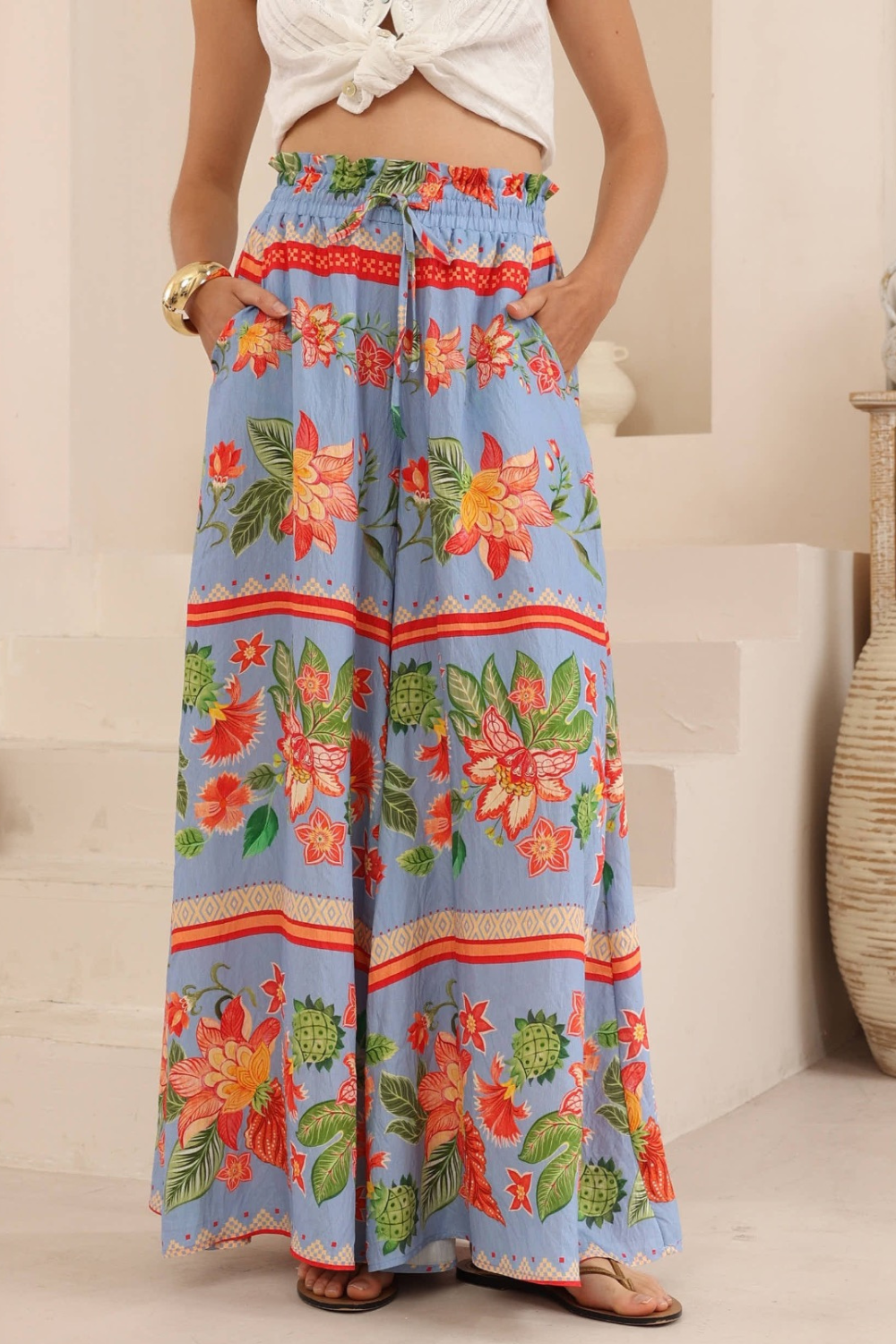 Nyra Wide Leg Pants - Blue Floral