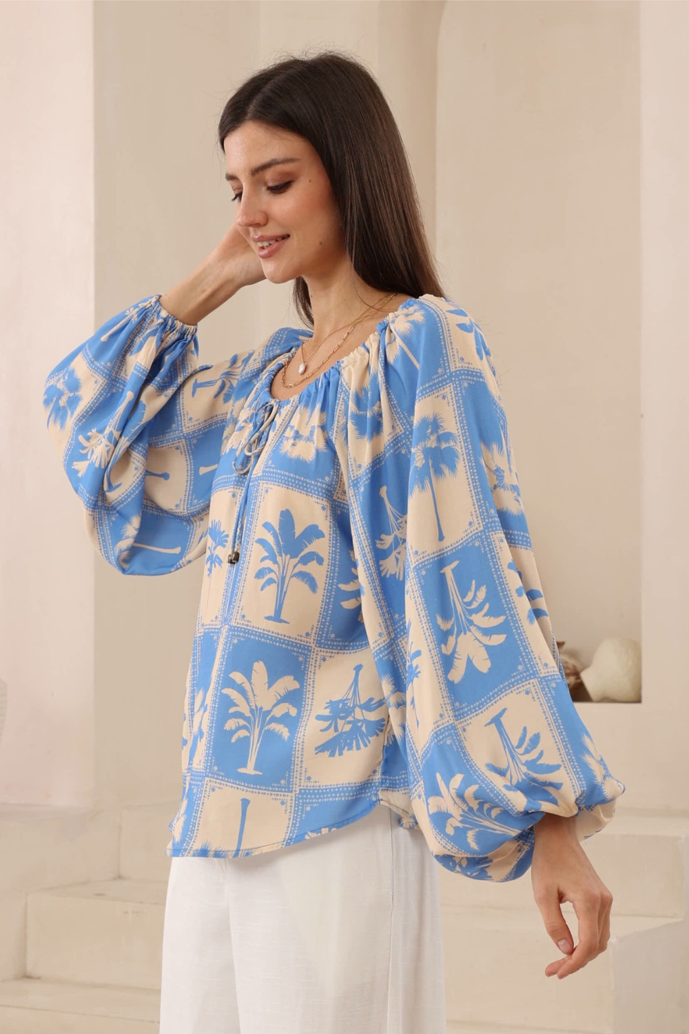 Palm Print Long Sleeve Blouse