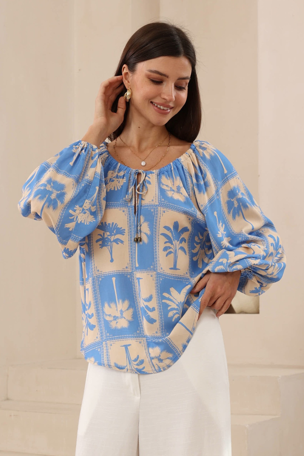 Palm Print Long Sleeve Blouse
