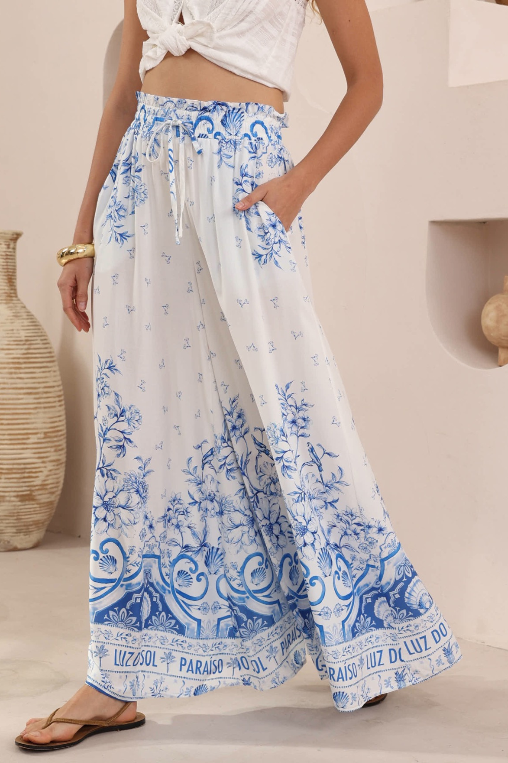 Coastal Paradise Wide Leg Pants - White & Blue