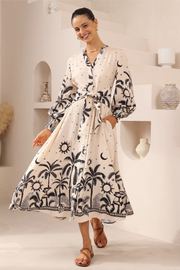 Savanna Long Sleeve Tie Waist Midi Dress - Tropical