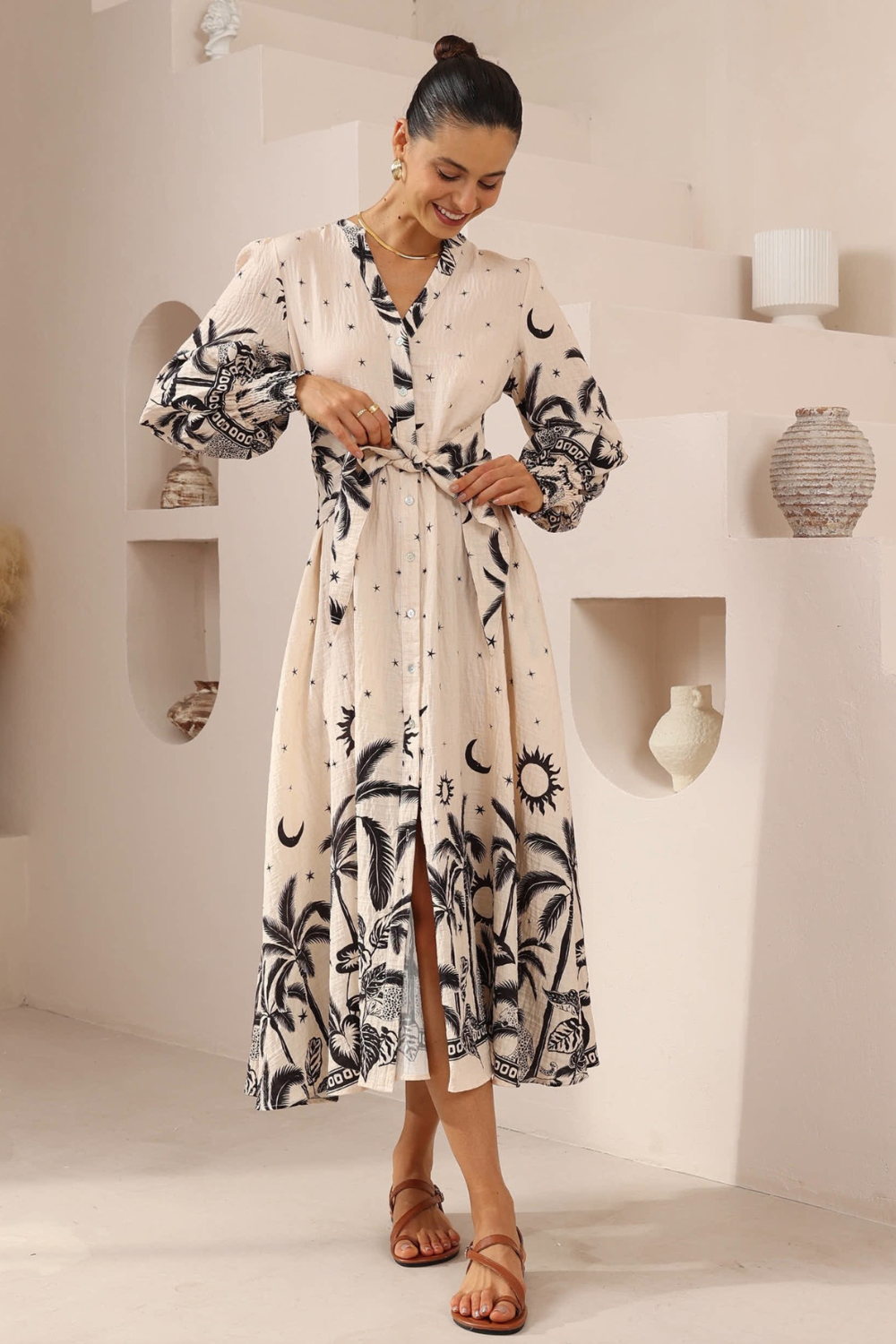 Savanna Long Sleeve Tie Waist Midi Dress - Tropical