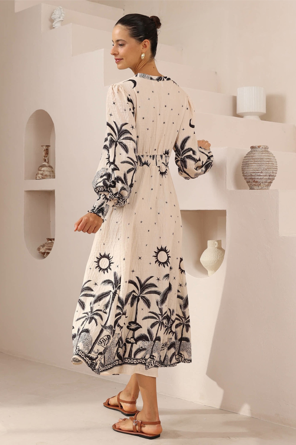 Savanna Long Sleeve Tie Waist Midi Dress - Tropical