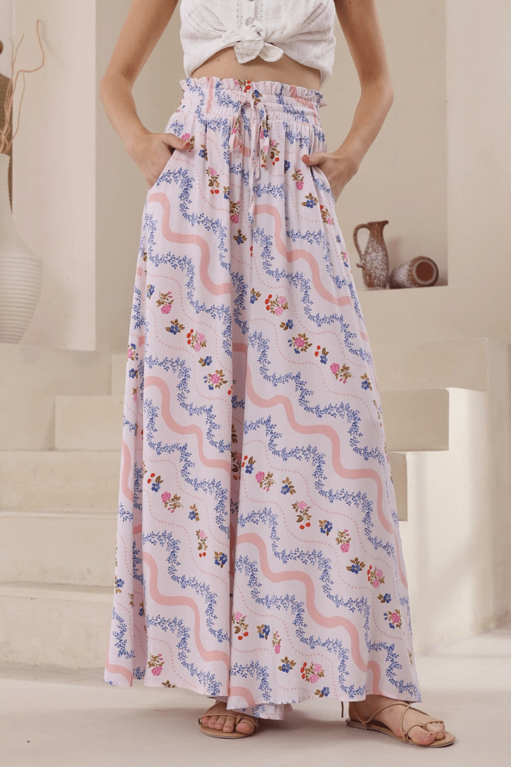 Shera Wide Leg Pants - Floral Waves