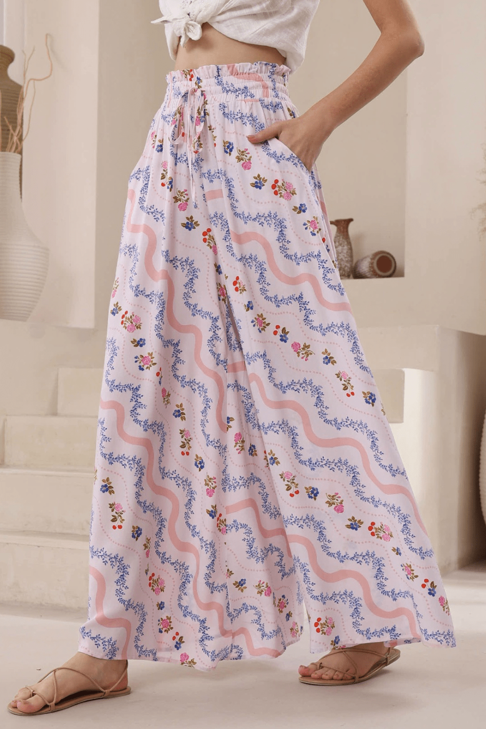 Shera Wide Leg Pants - Floral Waves
