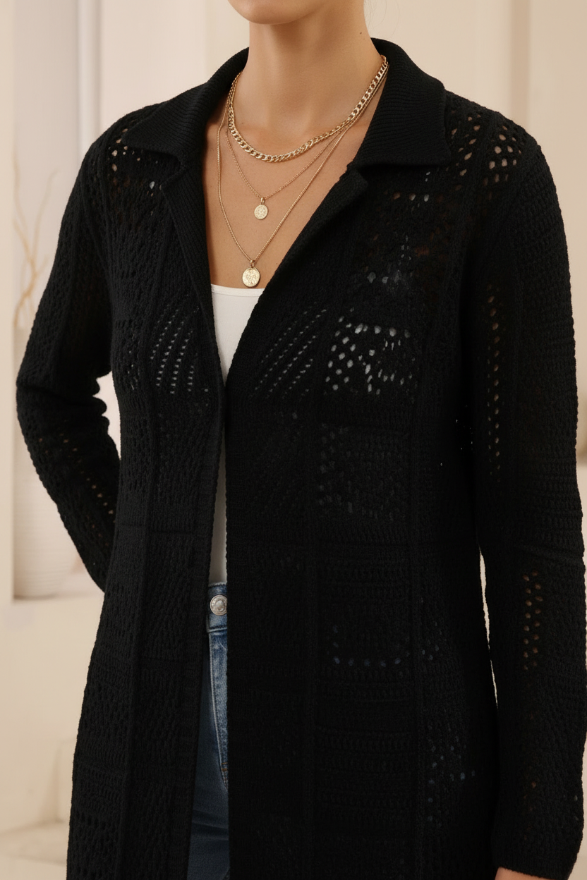 Black Longline Crochet Cardigan - Detail Shot