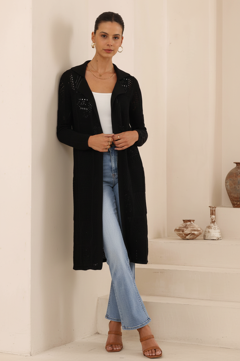 Black Longline Crochet Cardigan - Studio Lifestyle