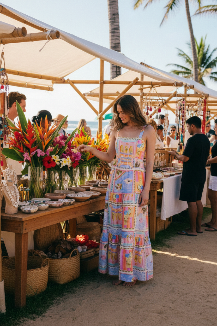 Coastal market shopping scene