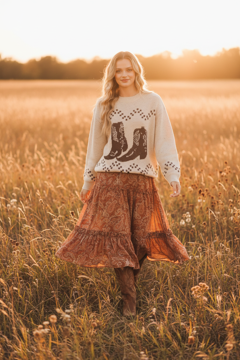 Cowboy Boots Jumper - Golden Field