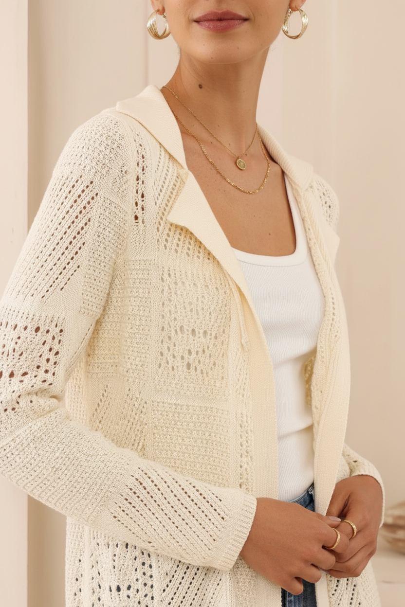 Cream Crochet Cardigan - Detail Close-Up