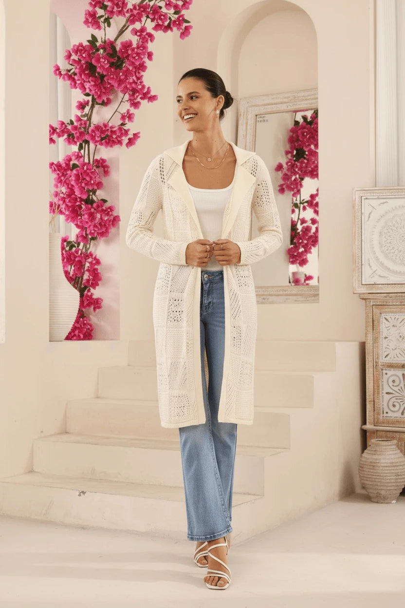 Ivory Longline Crochet Knit Open-Front Cardigan