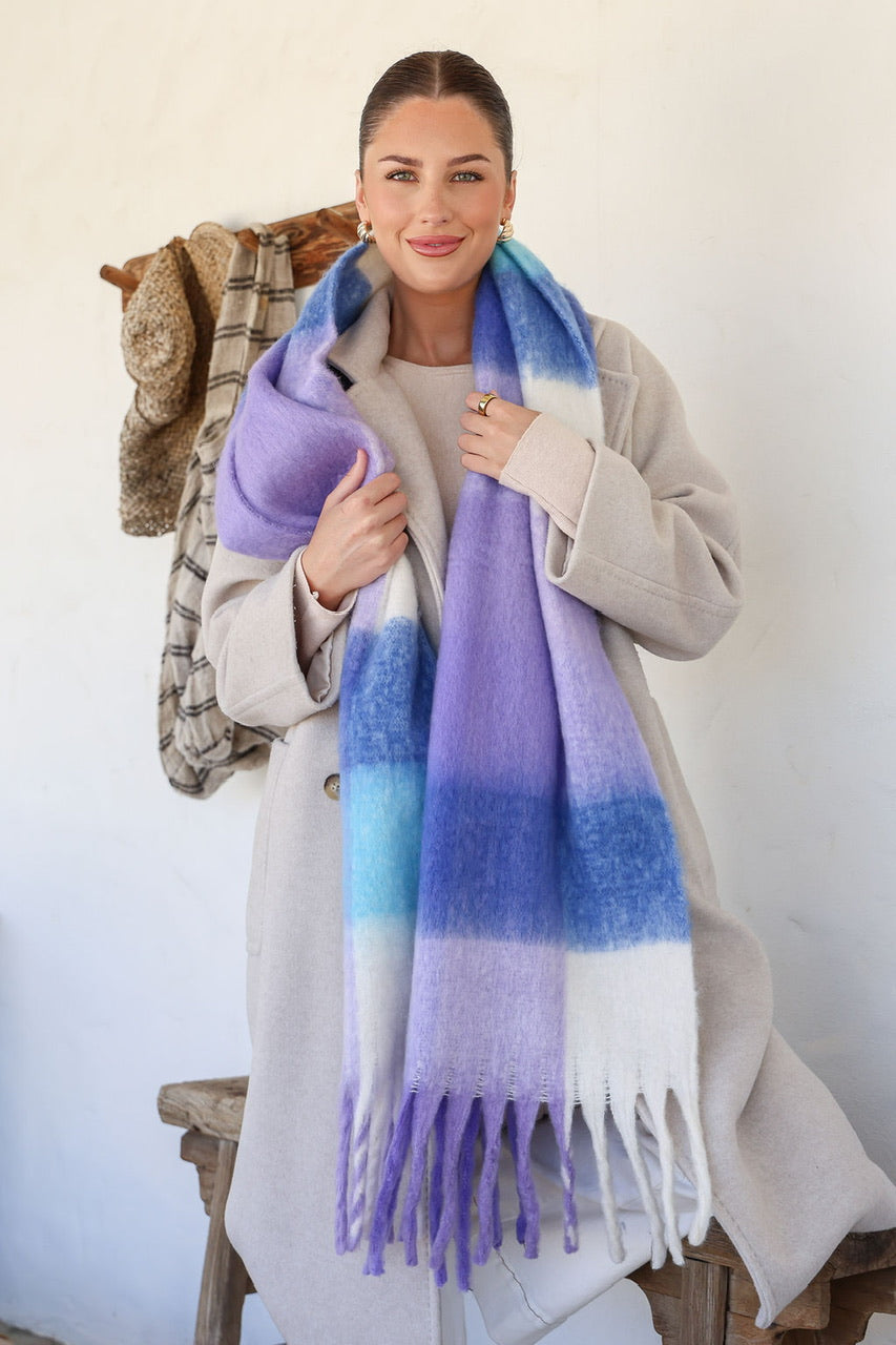 Chunky Check Fringe Scarf - Bluebell