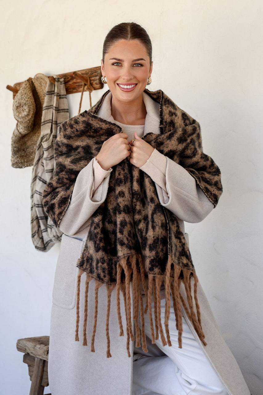 Leopard Snuggly Tassel Scarf - Tan