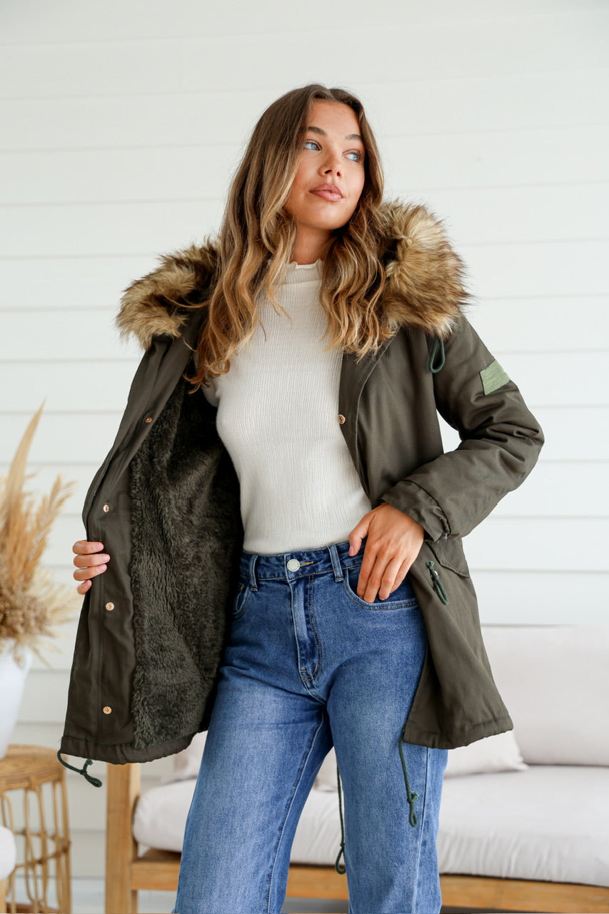 Lenny Faux Fur Lined Anarok Jacket - Khaki