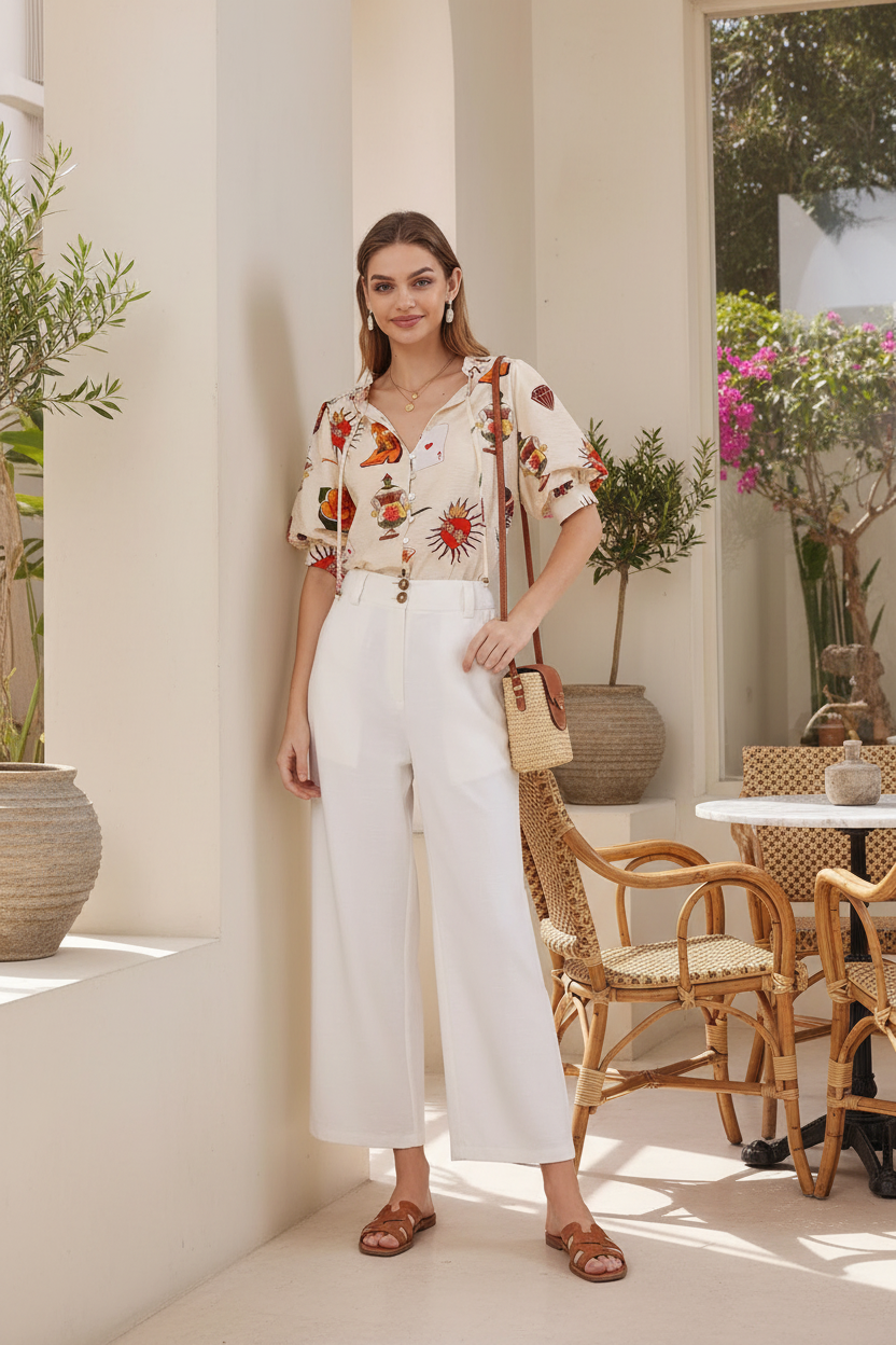 Festival print shirt cafe setting