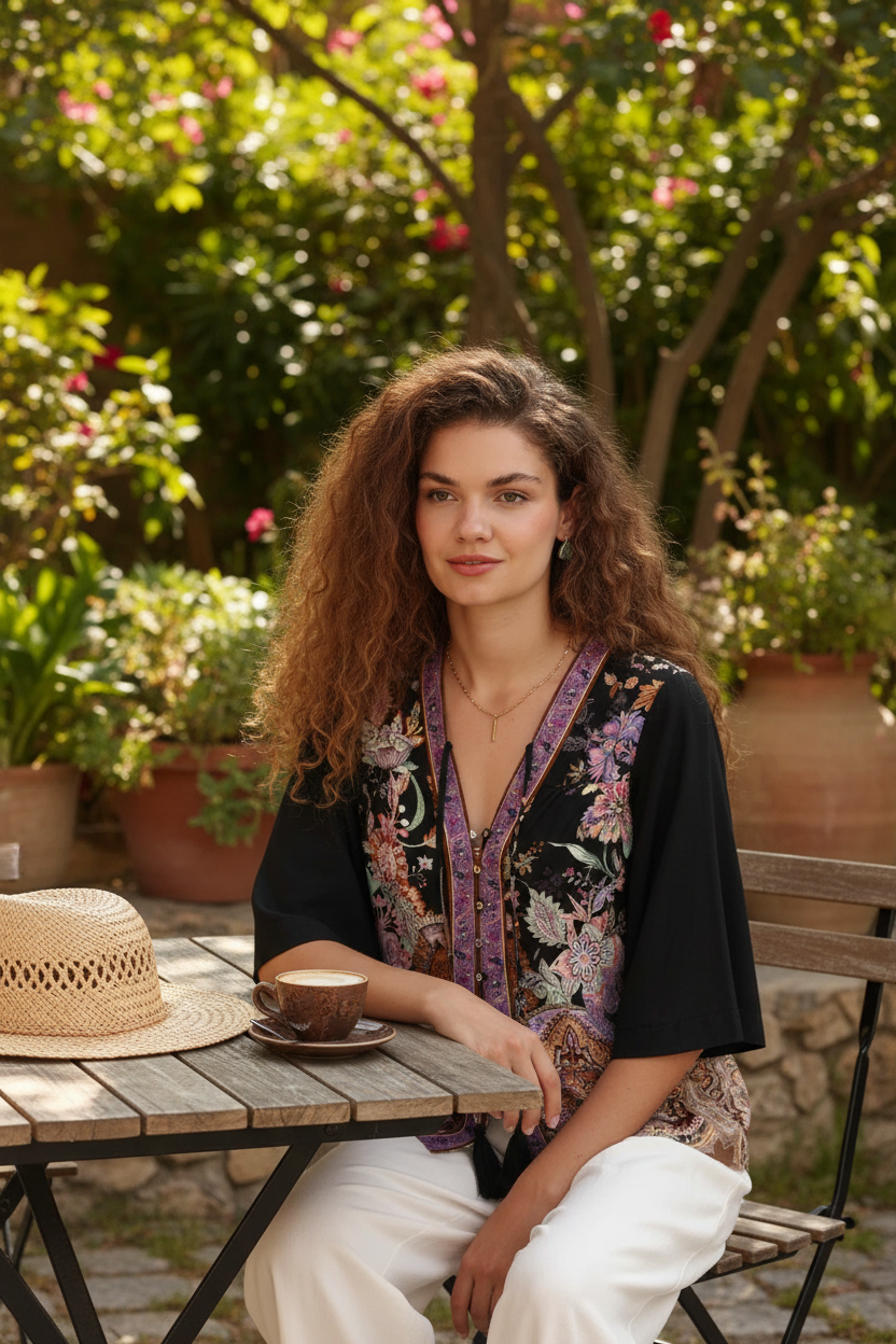 Midnight Bloom Blouse - Café Detail