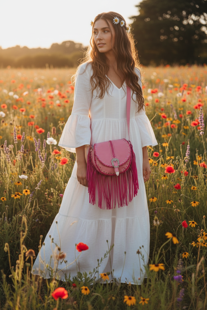 Model in wildflower field