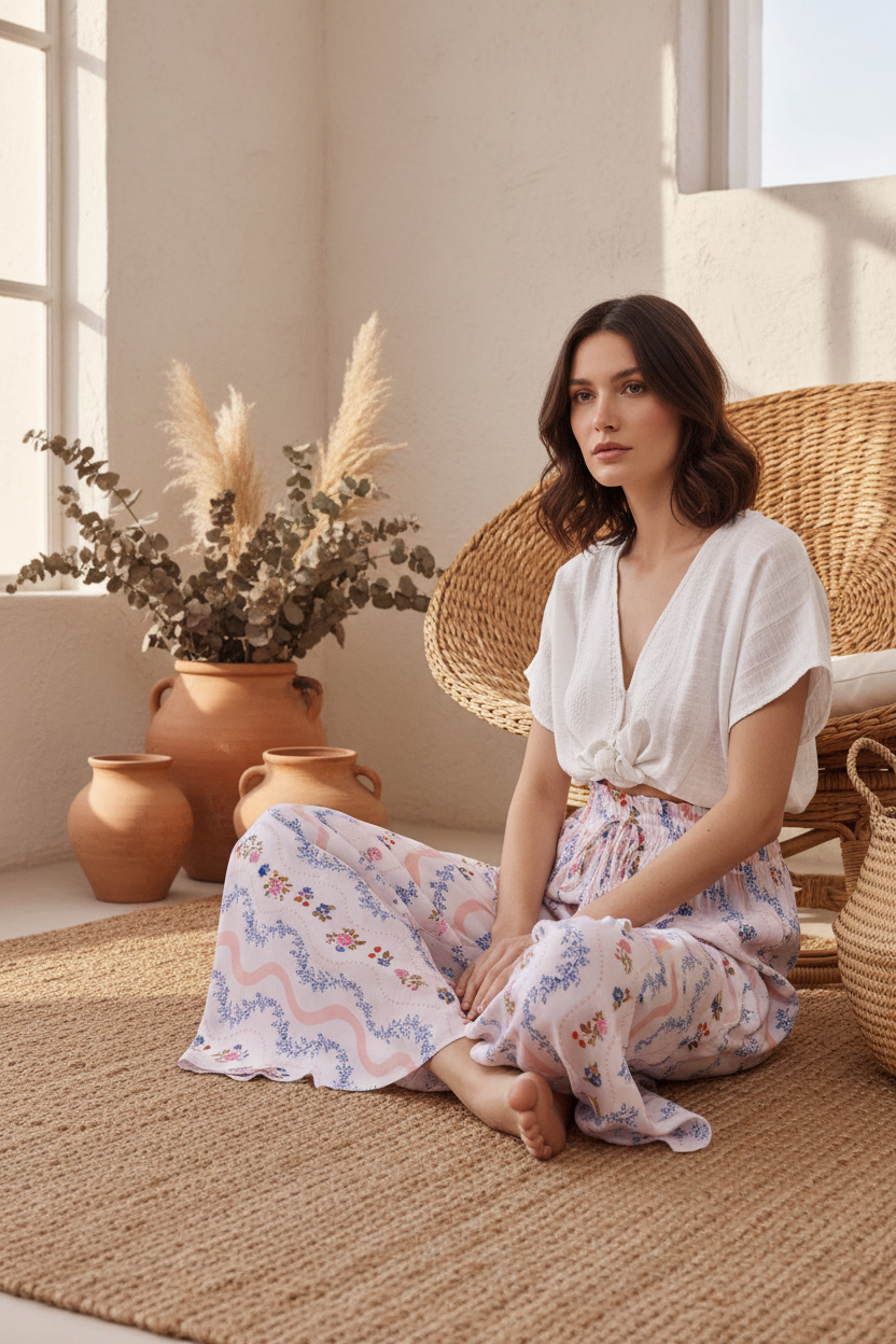 Relaxed editorial pose with natural textures