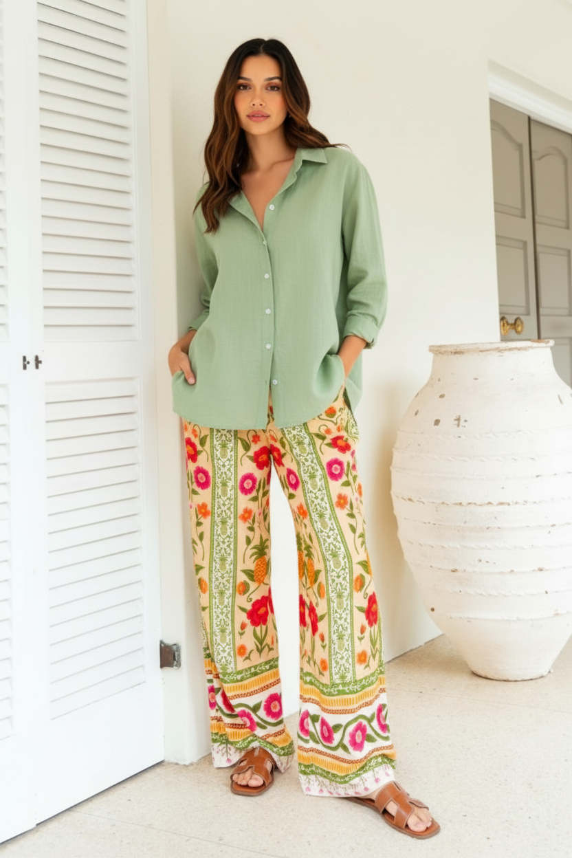 Sage green linen shirt styling