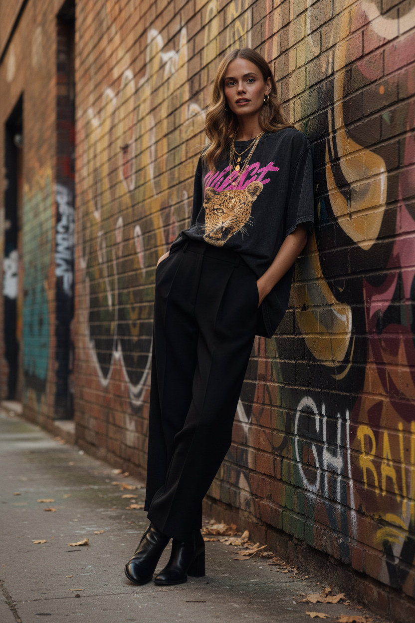 Wild Cat Tee – Black Trousers