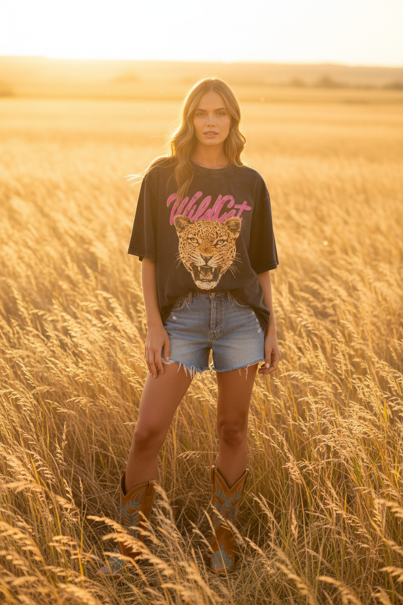 Wild Cat Tee – Denim Shorts Sunset