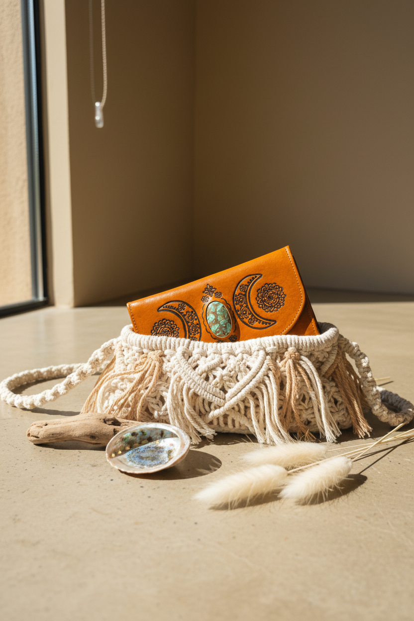 With bohemian bag and accessories